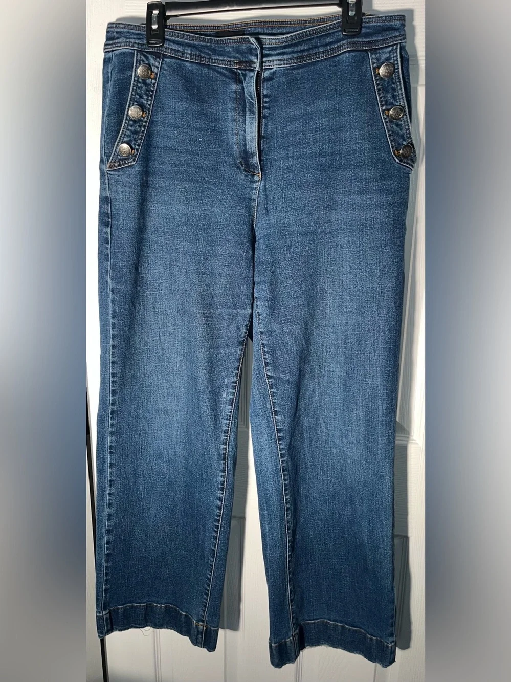Women’s Talbots High Rise Wide Leg Sailor Jeans Dark Fleet Wash Button Size 14